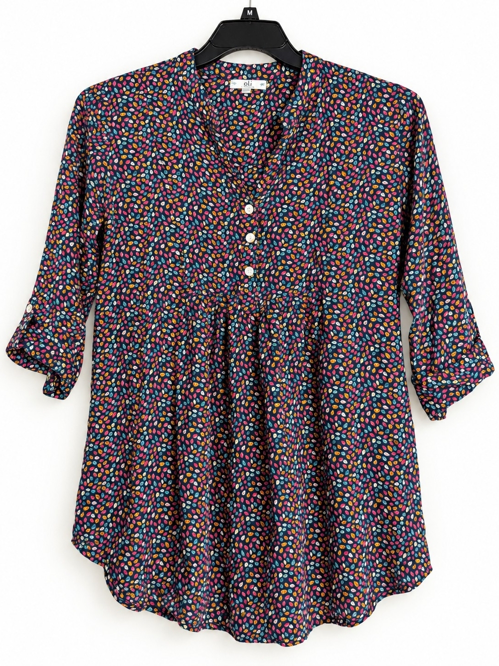 Oli. Black Tunic with Colorful Leaf Print